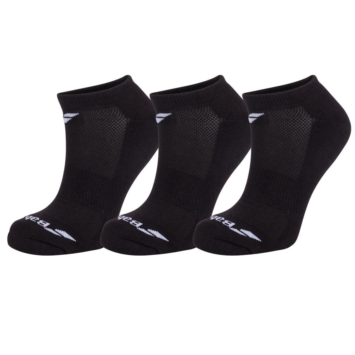 Three pairs of Babolat Invisible Badminton Trainer Socks in black, each featuring a white logo on the cuff and "L" and "R" markings on the toes for easy pairing, designed with reinforced stitching to enhance durability, are displayed against a white background.