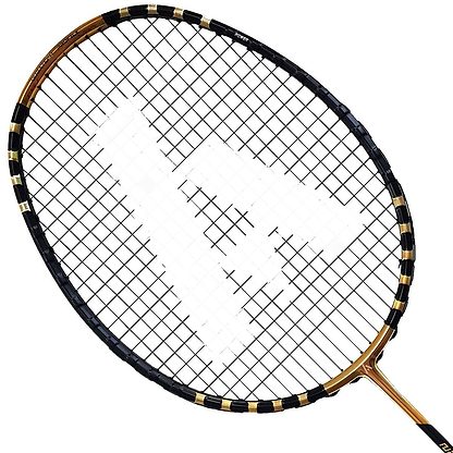 The Ashaway Nanoqube X1 badminton racket, from the advanced Qubatech profile range, boasts a stylish black and gold frame paired with black strings, creating a striking contrast against a white background.