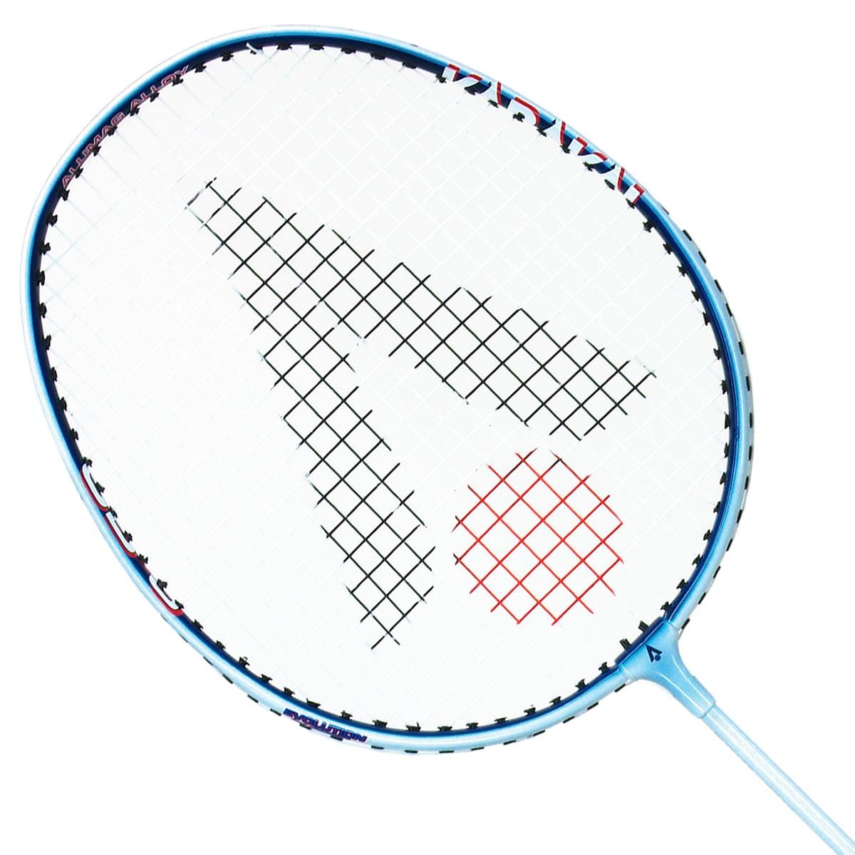 The Karakal CB-3 Badminton Racket - White Blue, from the brand Karakal, features a blue frame and white strings arranged in an isometric head shape. The strings create a black and red pattern that resembles a stylized letter "A" and circle, as seen when viewed from above.