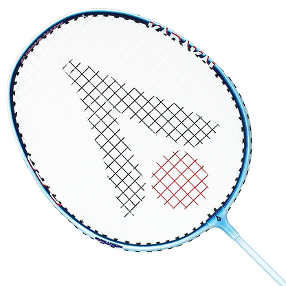 The Karakal CB-3 Badminton Racket - White Blue, from the brand Karakal, features a blue frame and white strings arranged in an isometric head shape. The strings create a black and red pattern that resembles a stylized letter "A" and circle, as seen when viewed from above.