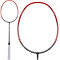 A Li-Ning 3D Calibar 300 Boost Badminton Racket in black with red accents features a Dynamic-Optimum Frame and showcases an eye-catching design. The handle is wrapped in white grip tape for enhanced comfort. The image includes both a full view and a detailed close-up of the racket's head, highlighting its precision design.