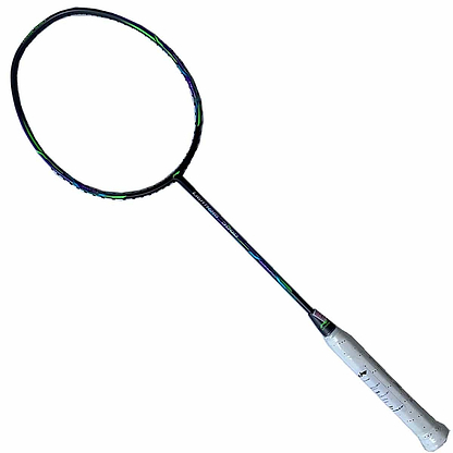 Presenting the Li-Ning Lightning 3000 Badminton Racket in Grey/Black, featuring a flexible shaft and a white handle complemented by a dark frame with green and blue accents. Its Dynamic-Optimum Frame guarantees performance while maintaining a sleek, minimalist design ideal for the court.