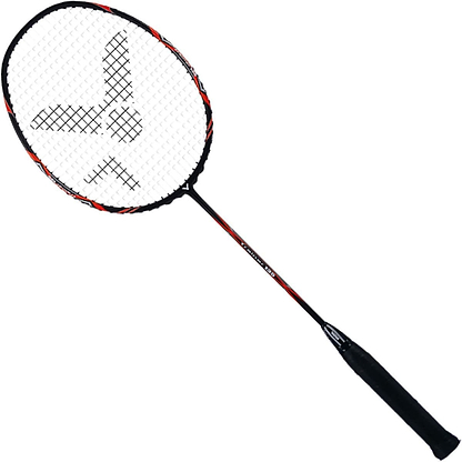 Explore the Victor Trainer 135 Badminton Racket in Black and Red, crafted by Victor for stamina and strength training. This racket boasts a sleek black handle and a white string net, enhanced with an intricate logo design woven into the net.