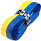 A Karakal PU Badminton Duo Super Grip Single in blue and yellow, wrapped with a Karakal branded band, ideal as a replacement grip.
