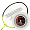 A yellow badminton racket is displayed next to a spool of Ashaway Rally 21 Fire Badminton String in white, which features a black and red label. This string is ideal for the all-round player due to its durable BETA polymer construction, enhancing gameplay performance.