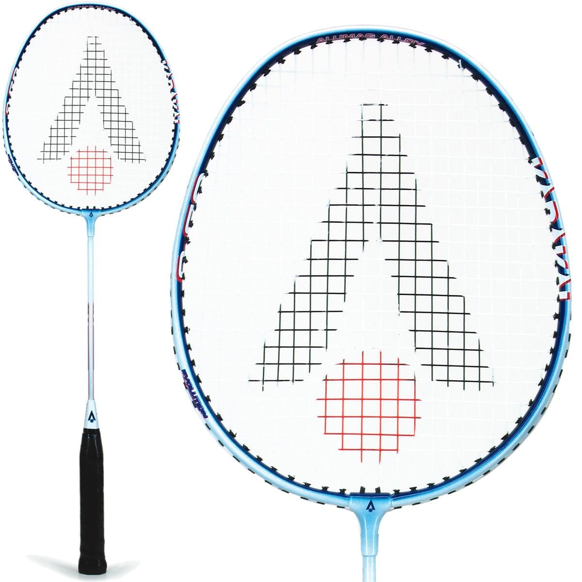 Close-up of a Karakal CB-3 Badminton Racket in white and blue with a black grip. The isometric head shape features strings forming a triangle and circle pattern. Another angle of the racket is displayed in the background.
