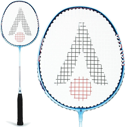 Close-up of a Karakal CB-3 Badminton Racket in white and blue with a black grip. The isometric head shape features strings forming a triangle and circle pattern. Another angle of the racket is displayed in the background.