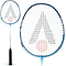 Close-up of a Karakal CB-3 Badminton Racket in white and blue with a black grip. The isometric head shape features strings forming a triangle and circle pattern. Another angle of the racket is displayed in the background.