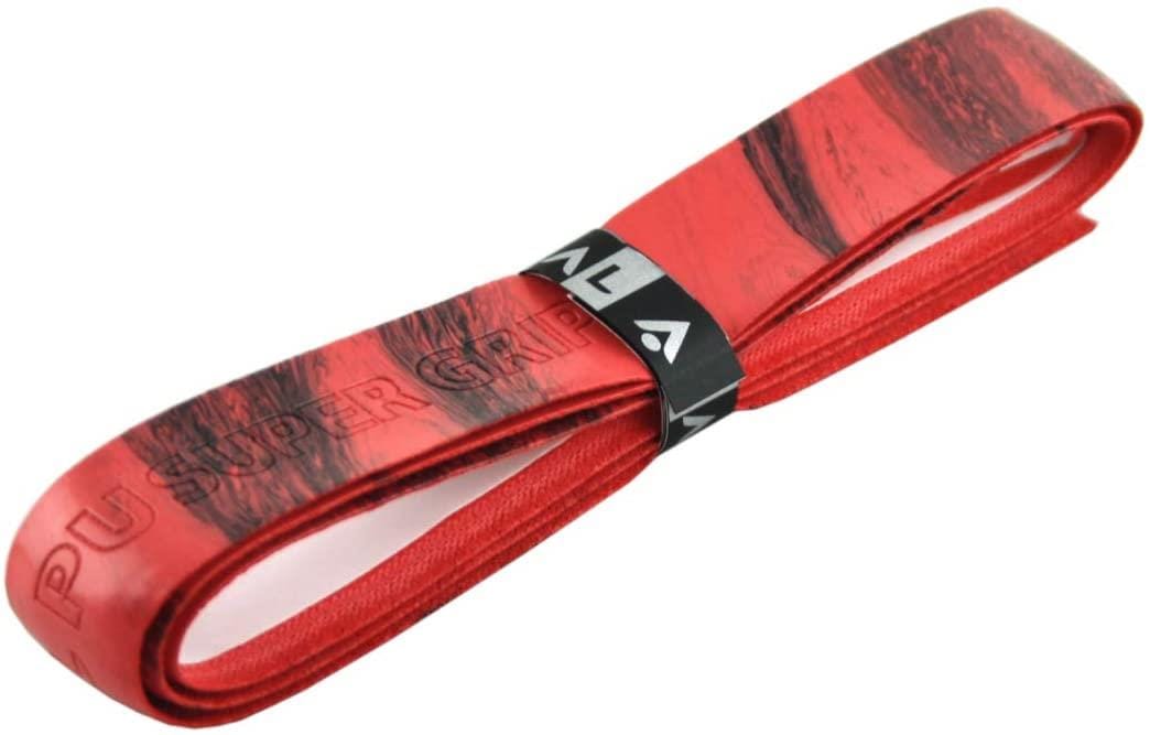 A rolled Karakal PU Badminton Super Grip Marble Effect Single in red showcases a textured, marble-like pattern for enhanced performance. The grip is secured in the middle by a black band that proudly displays the brand name, Karakal, in white letters.