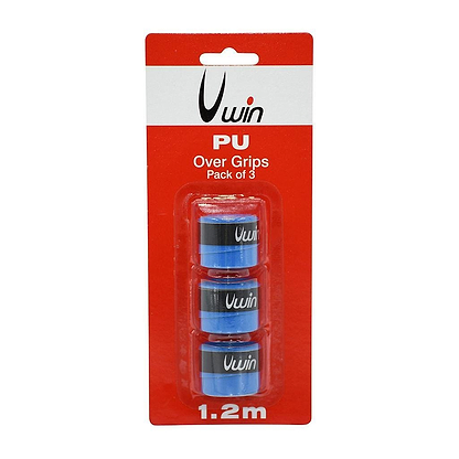 A set of three Uwin Badminton Overgrips in striking blue, ideal for any racket, comes in red packaging with white text. The label states "PU Over Grips, Pack of 3, 1.2m.