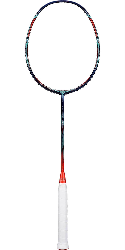 The Li-Ning Aeronaut 9000 Combat Badminton Racket by Li-Ning highlights an aerodynamic frame for enhanced precision and control, featuring a sleek design in a blue and red color scheme. It is displayed upright against a plain white background, emphasizing its white grip handle.