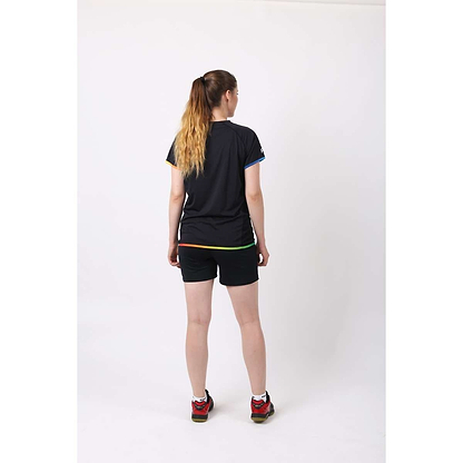 A woman in a black FZ Forza Bulgur Solibad Badminton T-shirt and shorts.
