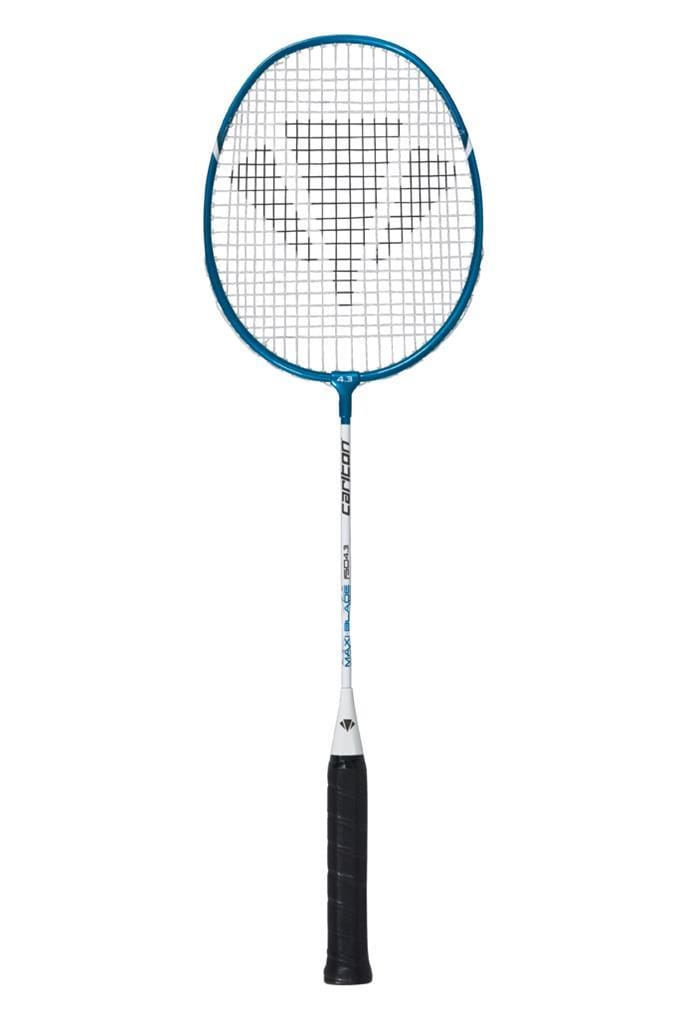 The Carlton Maxi-Blade ISO 4.3 Junior Badminton Racket - White / Blue, crafted by Carlton, is a sleek and modern choice for enhancing training sessions. Its design includes blue and white frame elements paired with a vertical black grip, while the strings form an intricate pattern within the oval head—perfectly suited for junior players who prioritize both performance and style.