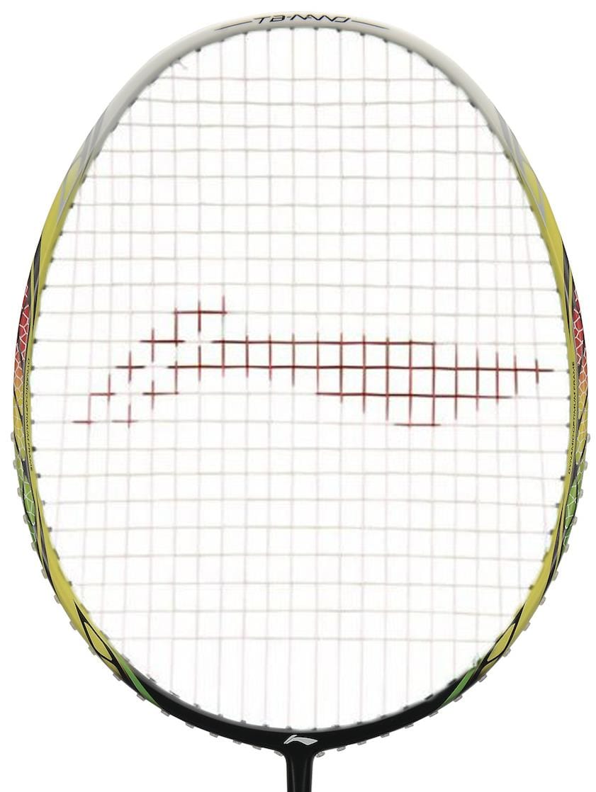 Close-up view of a Li-Ning Windstorm 500 badminton racket, highlighting its white string pattern and subtle red design in the center. The frame, accented with yellow and black colors, enhances power and speed. The brand name "Li-Ning" is proudly visible on the top edge.