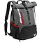 Presenting the Victor Badminton Rucksack 9109, a versatile backpack in gray with black detailing. It features a roll-top closure, a front zip pocket accented in red, mesh side pockets, and adjustable shoulder straps for maximum comfort. The brand name "Victor" is prominently displayed on the front in black.