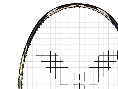Here's an alternative version of the sentence using the provided product data:

Close-up of a badminton racket head with strings arranged in a pattern resembling the letter "X." The black frame, crafted from Japanese carbon fibre, features subtle golden touches, reminiscent of the sleek design of the Victor Jetspeed S10C.