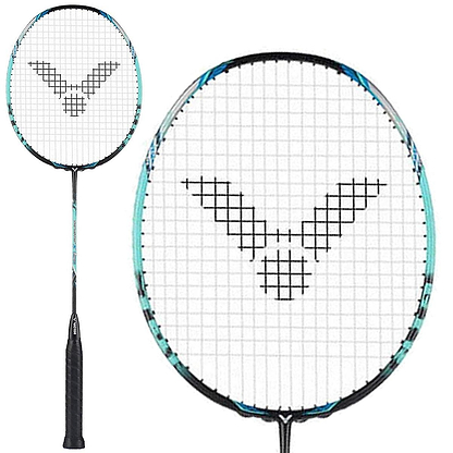 The Victor Thruster Onigiri Badminton Racket (Frame Only) by Victor features a black handle with black strings creating a bird-like logo at the center. The primarily white frame is adorned with blue and black accents, tailored for advanced-level players. The image displays the entire advanced-level power racket along with a close-up of its head.
