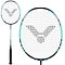 The Victor Thruster Onigiri Badminton Racket (Frame Only) by Victor features a black handle with black strings creating a bird-like logo at the center. The primarily white frame is adorned with blue and black accents, tailored for advanced-level players. The image displays the entire advanced-level power racket along with a close-up of its head.
