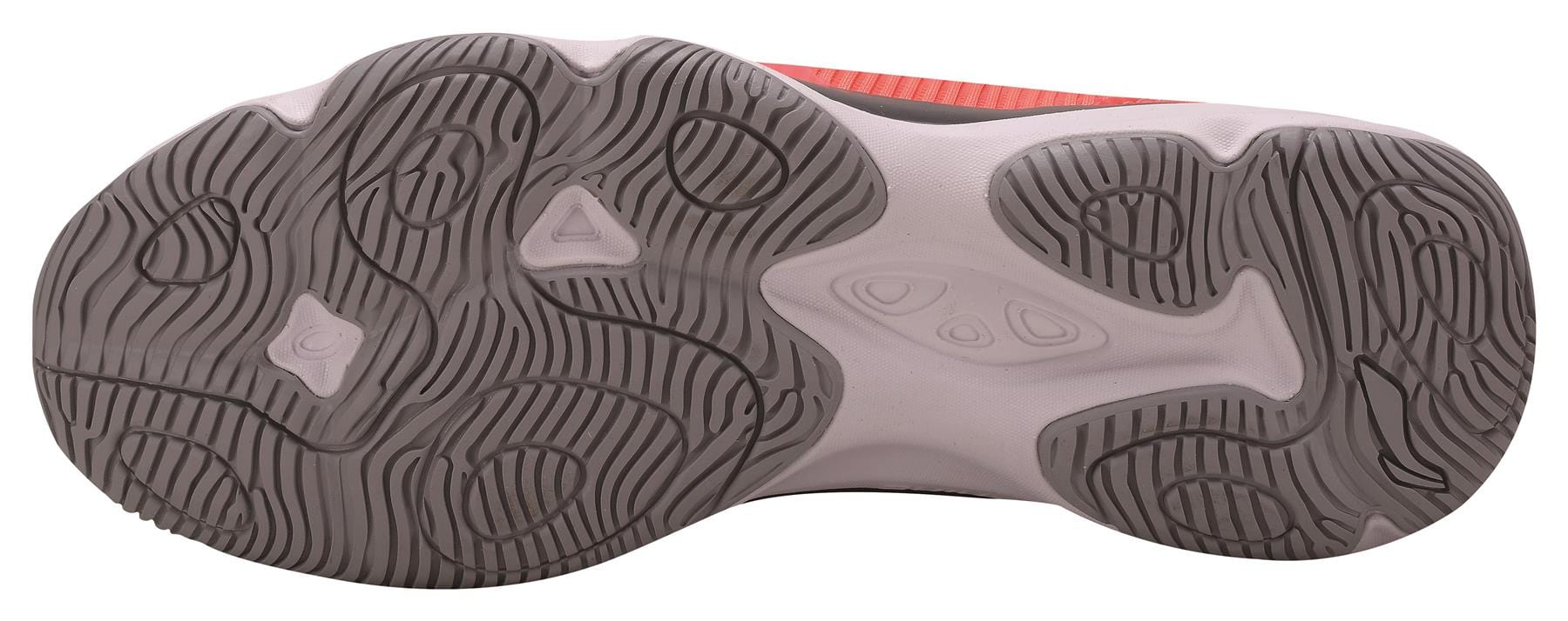 The image showcases the sole of a Li-Ning Ranger TD Men's Badminton Shoe in a unique, wavy pattern. This biometric outsole is gray with grooves and circular designs, featuring different textures and shapes for optimal traction.