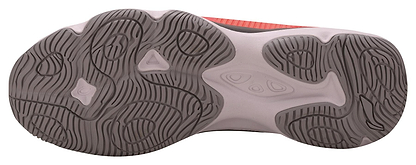 The image showcases the sole of a Li-Ning Ranger TD Men's Badminton Shoe in a unique, wavy pattern. This biometric outsole is gray with grooves and circular designs, featuring different textures and shapes for optimal traction.