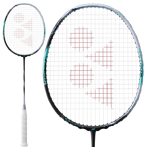 The Yonex Astrox 88D Pro 4U Gen 3 2024 Badminton Racket from Yonex boasts a stylish black and silver frame, complete with white strings. Its string bed is accented by a distinctive red triangular logo. Perfect for defensive players who shine in backcourt positions, the racket's handle comes wrapped in white grip tape. Displayed in both full view and a detailed close-up of the head.