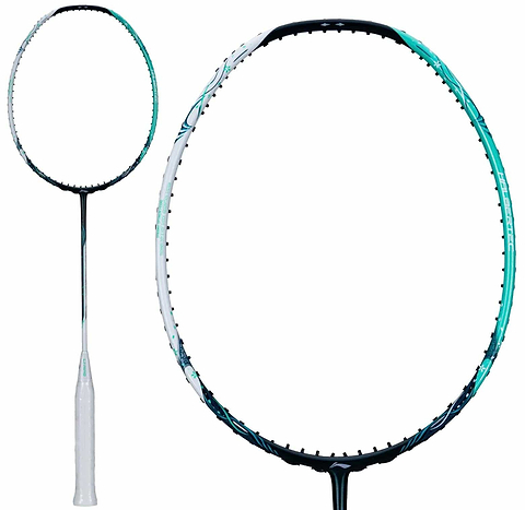 The Li-Ning Halbertec 6000 4U Badminton Racket features a slim shaft, oval head, white grip, a white and green-accented frame, and Nano Frame System technology for enhanced performance.