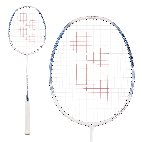 A Yonex Nanoflare 001 Clear 5U Badminton Racket in White/Sax, with a head-light balance and red Yonex logo on the strings, is shown fully and in a close-up of the head against a white background.