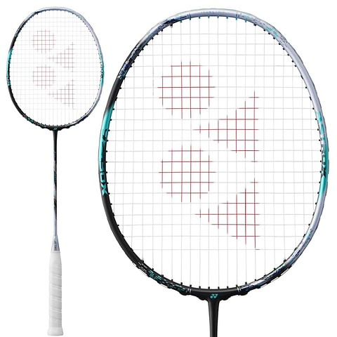 The Yonex Astrox 88D Pro 3U Gen 3 2024 Badminton Racket in Black and Silver features a white grip and a black frame, with red string patterns that create a logo on the netting. Optimized for delivering powerful smashes, it showcases the full view of the racket's design.