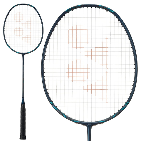 The Yonex Nanoflare 800 Pro 4U Badminton Racket in deep green includes a frame made from high-modulus graphite. Its string pattern features an orange logo with diagonal lines and circles. The modern design is presented from two angles, emphasizing its state-of-the-art craftsmanship.