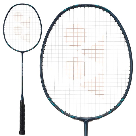 The Yonex Nanoflare 800 Pro 4U Badminton Racket in deep green includes a frame made from high-modulus graphite. Its string pattern features an orange logo with diagonal lines and circles. The modern design is presented from two angles, emphasizing its state-of-the-art craftsmanship.