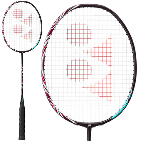 The Yonex Astrox 100 ZZ Kurenai Badminton Racket in Crimson Red showcases an ISOMETRIC frame and a Hyper Slim Shaft. It features a black frame and handle, along with a red and white string pattern creating a geometric design, all enhanced by a sleek black grip.