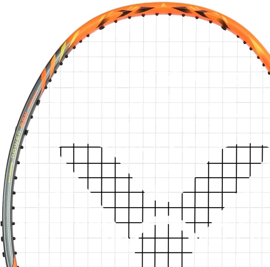 A close-up of the Victor Thruster Rocket O 4U Badminton Racket in Silver/Orange, featuring a Power Box frame and a stylized "V" logo formed by strings at the center of this head-heavy racket from Victor.