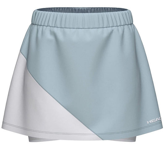 The HEAD Dynamic Womens Badminton Skort in light blue and white features a diagonal color block design, elastic waistband, moisture-wicking fabric, and a white "HEAD" logo near the hem.