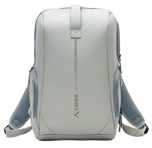 A sleek, minimalist light gray Kanso Intuko Badminton 23L Backpack with "Kanso" printed vertically on the front. It has adjustable mesh straps and a top handle against a white background.