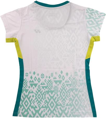 The Yonex YTL11 Womens Badminton T-Shirt in white features teal geometric patterns, green side panels, and yellow sleeve accents. Lightweight quick-drying fabric ensures comfort. Shown from the back.