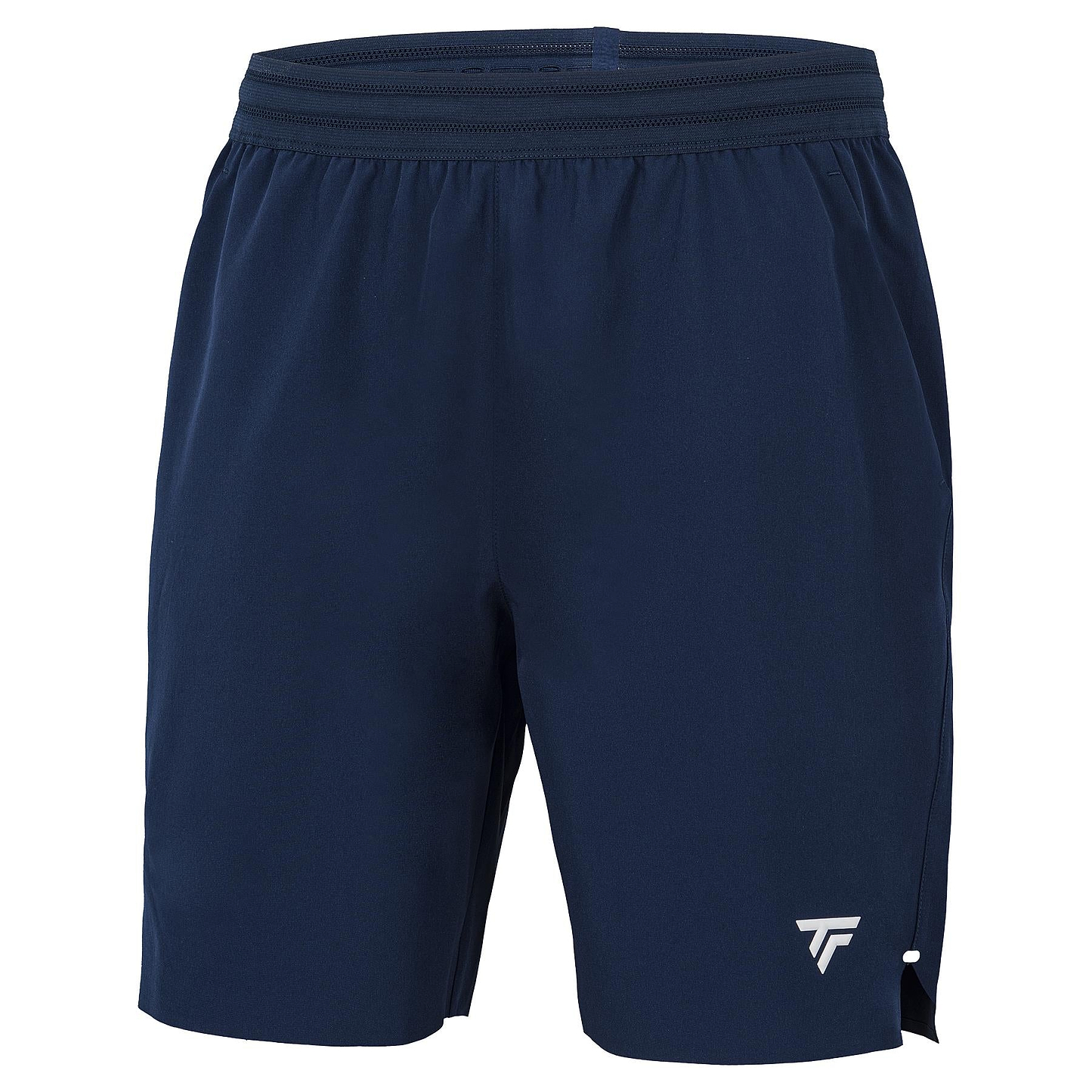 The Tecnifibre Team Stretch Mens Badminton Shorts in marine blue feature an elastic waistband, a small white logo on the left leg, and slight hem slits—perfect for comfort and agility on the court.