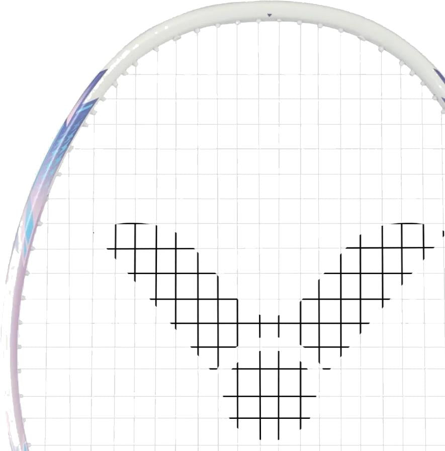 A close-up of the Victor DriveX 7SP AJ 4U Badminton Racket in White/Purple showcases its versatile head and black stringing forming a stylized "YY" logo pattern at the center.