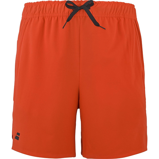 The Babolat Play Mens Badminton Shorts in Cherry Tomato feature a black drawstring and small black logo on the lower left leg, made from recycled polyester and shown against a plain white background.