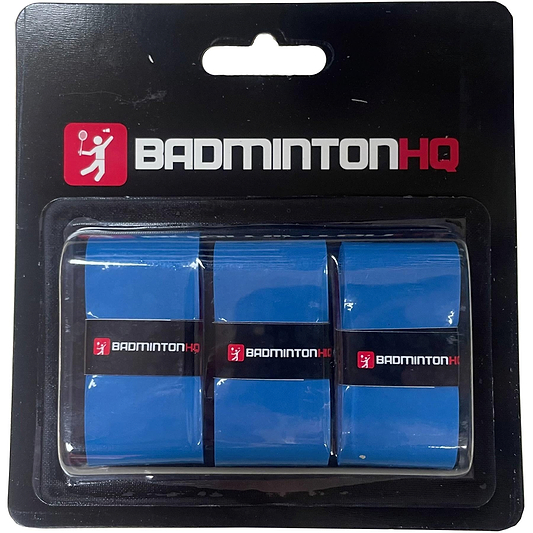 Set of three blue BadmintonHQ badminton overgrips in black packaging with white shuttle icon and red accents. Each tacky grip is secured with a branded band for reliable sweat absorption and handling.