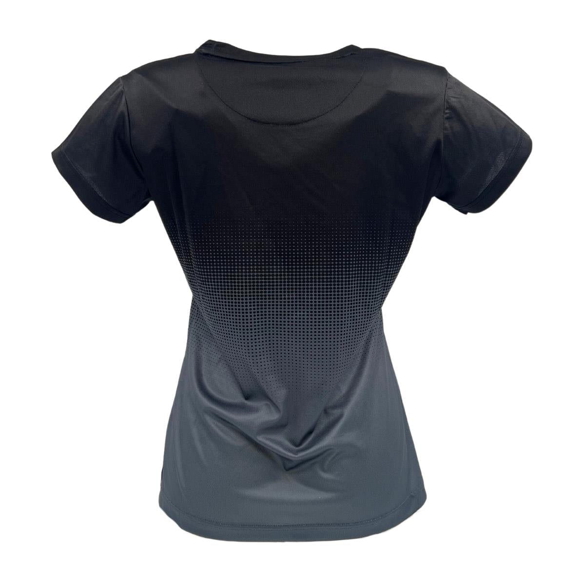 The Yonex YTL5 Women's Badminton T-Shirt in Shadow/Black features a back view with a gradient dot pattern from black to dark gray. This moisture-wicking shirt has short sleeves and a round neckline, making it ideal for keeping cool on the court.