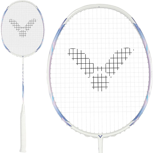 The Victor DriveX 7SP AJ 4U Badminton Racket in white and purple showcases the brand’s signature colors and a black geometric string pattern, with images displaying the full racket and a close-up of its stylish head design.