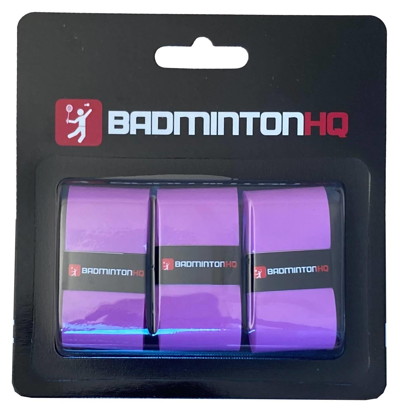 BadmintonHQ 3 Pack Badminton Overgrips - Purple: three ultra-tacky, sweat-absorbing grips in a black BadmintonHQ package, each with the brand logo on its individual wrapper.