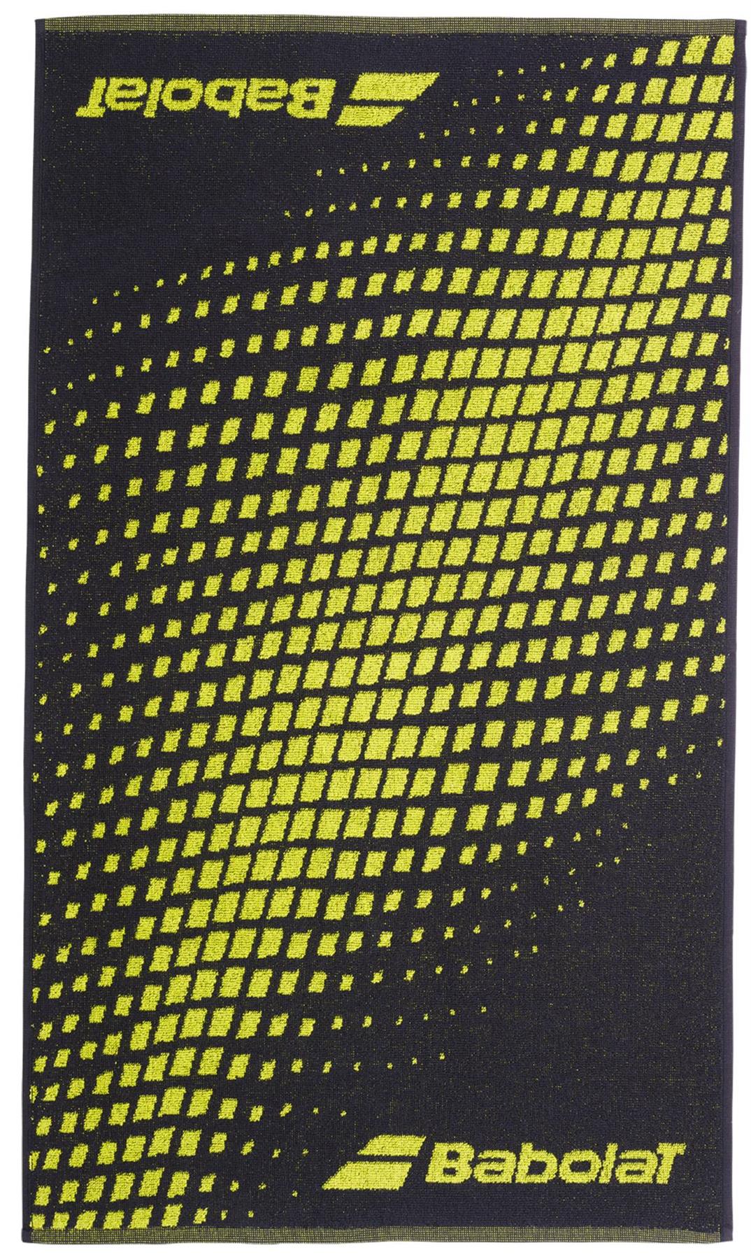 Stay dry on the court with the Babolat Medium Towel - Aero / Grey, featuring soft cotton in a stylish grey and yellow design with "Babolat" logos on both edges.
