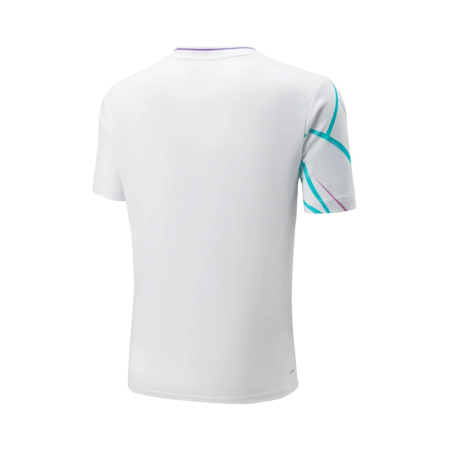 The Li-Ning QA Men's Badminton T-Shirt in white boasts a short-sleeve design with an abstract turquoise and purple motif on the right sleeve. Made with AT DRY technology, it provides quick-dry capabilities for a simple, clean look from the back.