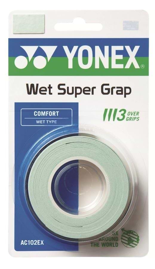 The Yonex AC102EX Super Grap Badminton Overgrip 3 Pack in powder green delivers excellent shock absorption and superior comfort for rackets.