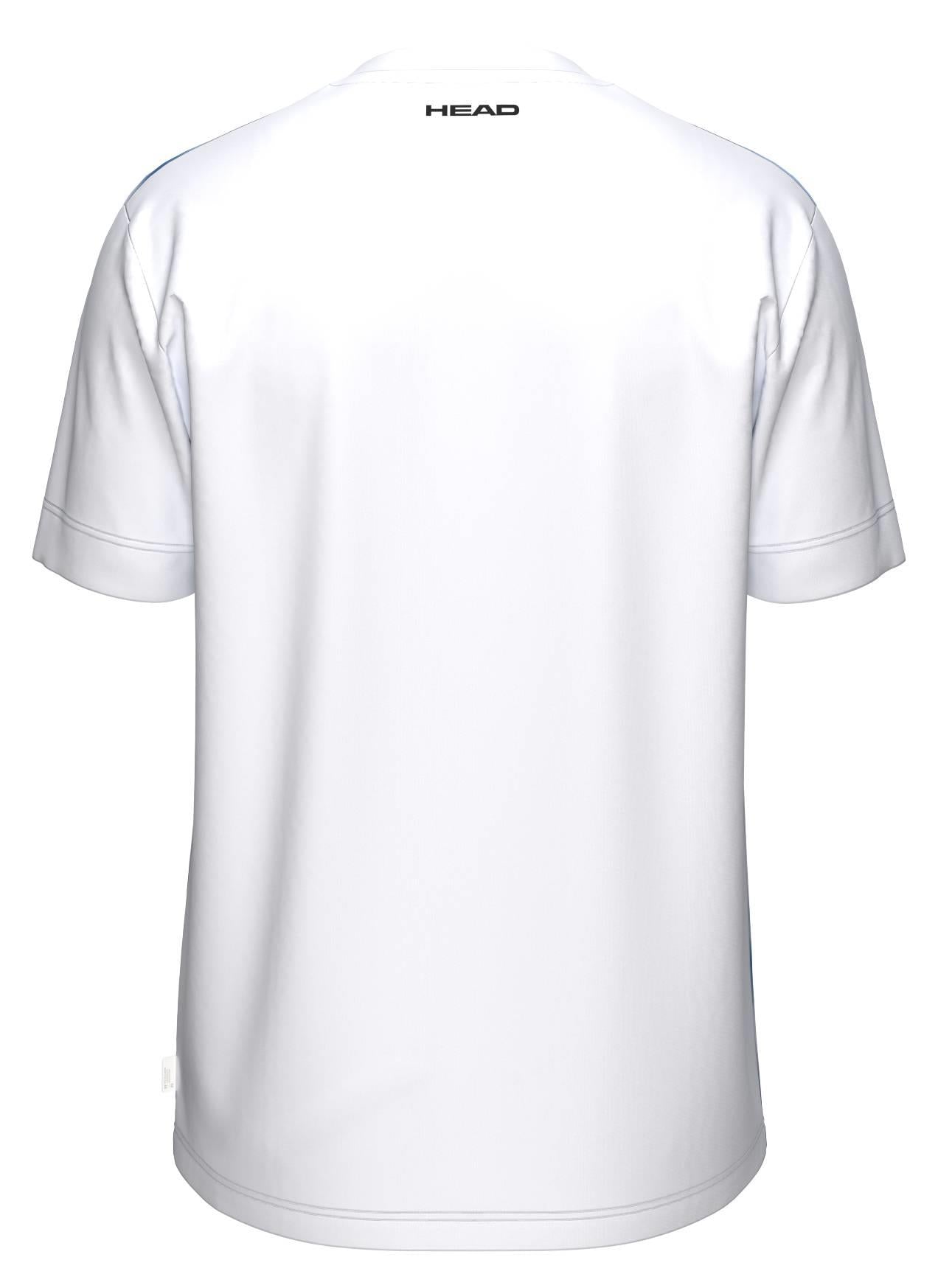 The image shows the back of a HEAD Blur Mens Badminton T-Shirt - ROXU, a plain white short-sleeve shirt by HEAD with "HEAD" printed in small black letters near the neckline.
