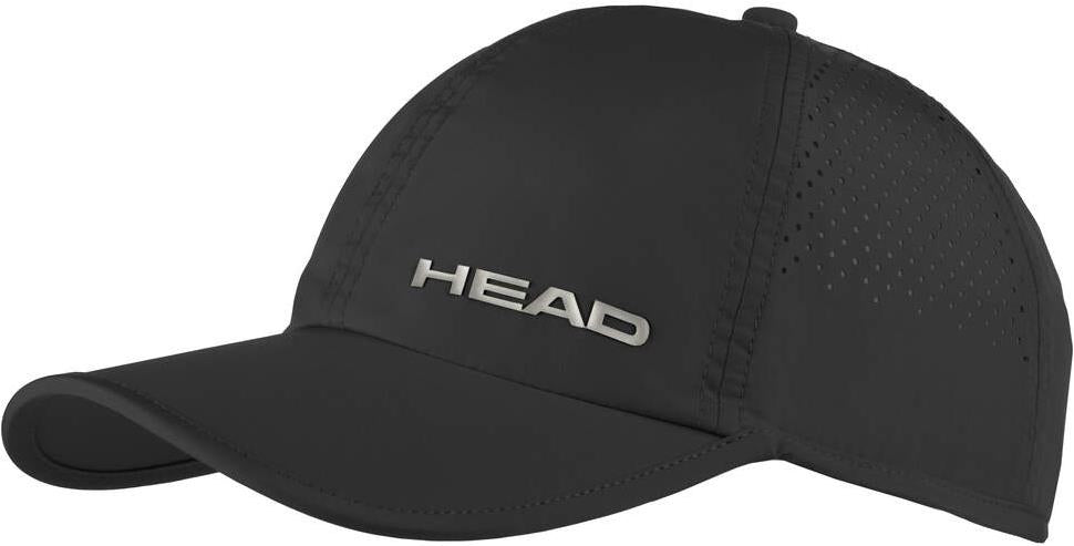 The HEAD Pro Player Badminton Cap in black is lightweight with silver "HEAD" lettering, UV protection, side ventilation holes, and a curved brim—perfect for active wear or as a badminton cap.