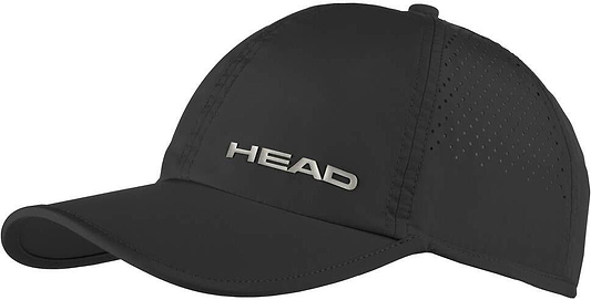 The HEAD Pro Player Badminton Cap in black is lightweight with silver "HEAD" lettering, UV protection, side ventilation holes, and a curved brim—perfect for active wear or as a badminton cap.