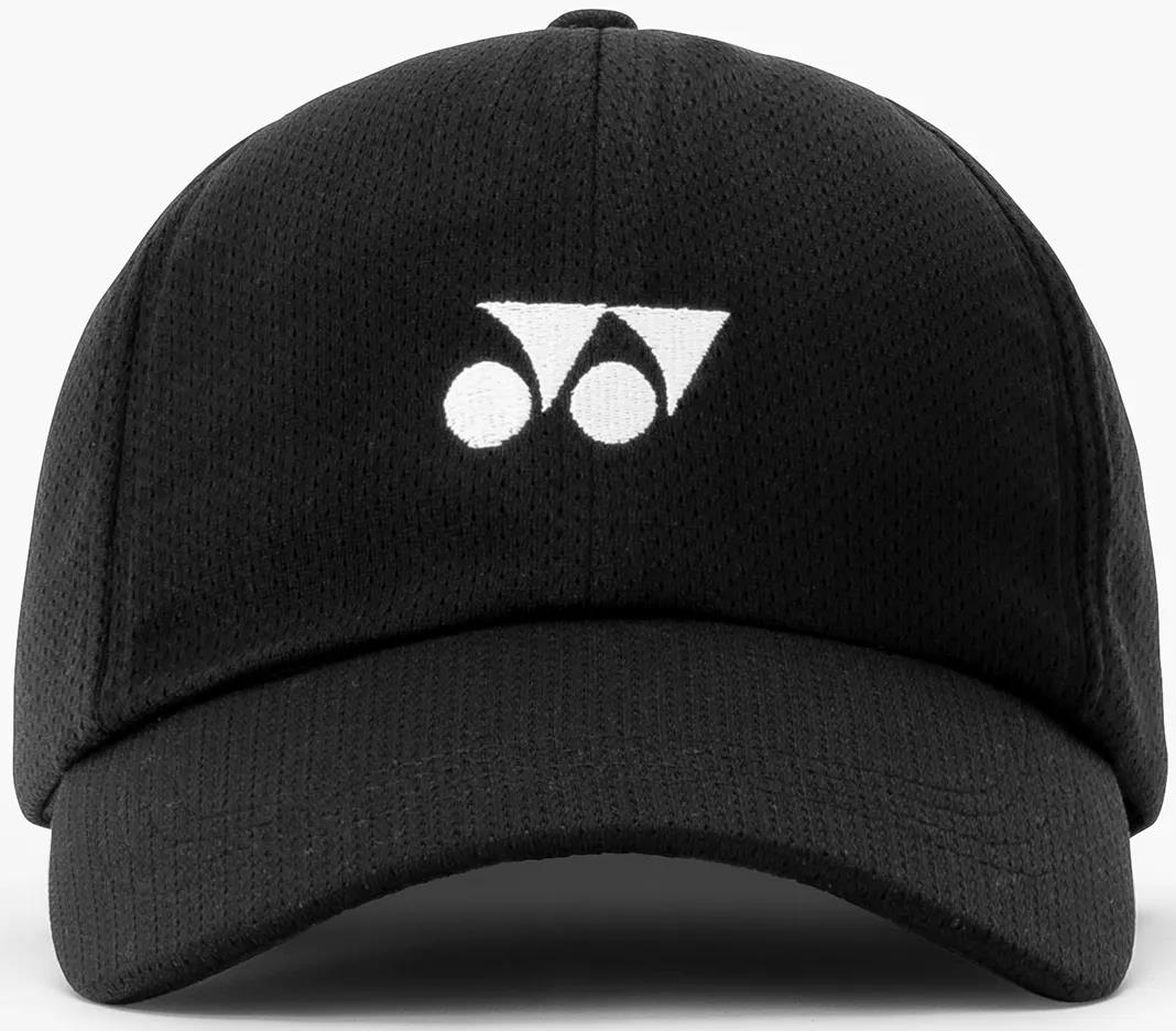 The Yonex 40125EX Badminton Cap - Black is lightweight and breathable, with an adjustable fit and a white Yonex logo (two circles, two triangles) on the front panel.