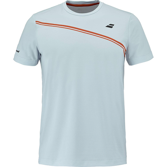 The Babolat Play Mens Crew Neck Badminton T-Shirt in Illusion Blue features a thin red diagonal stripe across the chest, a small black logo on the left chest, and another logo on the left sleeve.